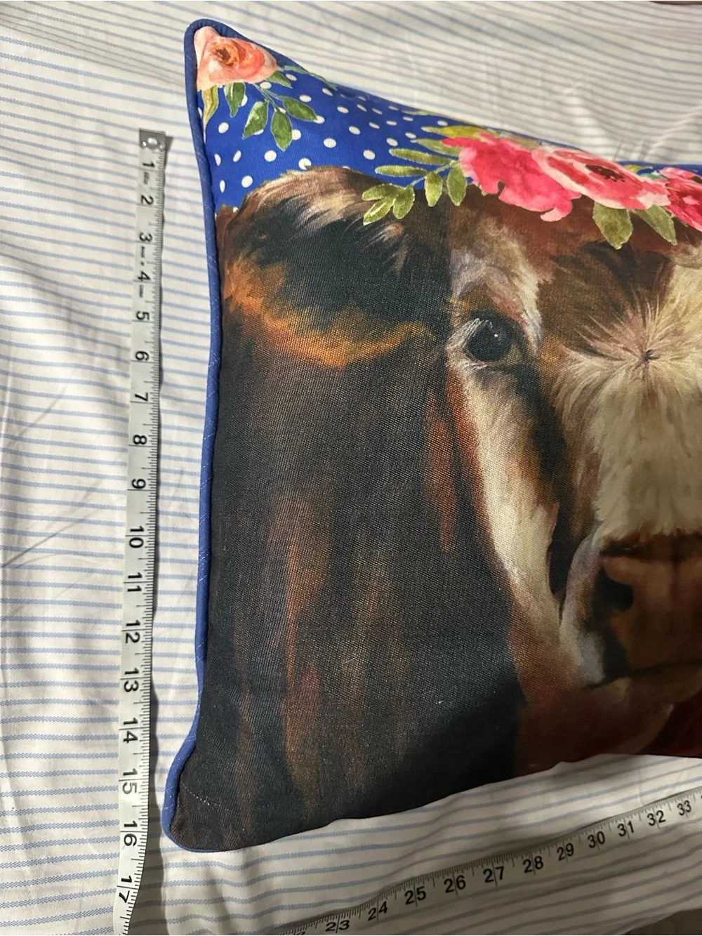 Decorative Cow Print Throw Pillow - Blue with Pink Floral Accent